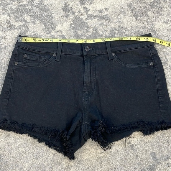 7 For All Mankind Mid Rise Raw Frayed Hem Cut Off Mini Shorts Black Sz 28 - Picture 8 of 12
